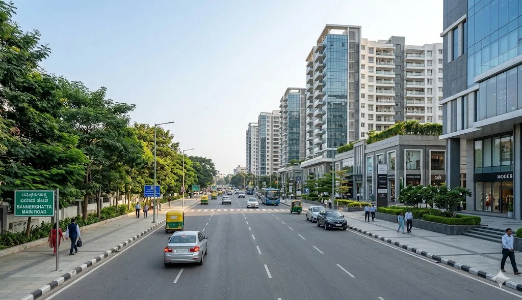 View of premium high-rise apartments and luxury gated communities along the Bannerghatta Road corridor in South Bangalore.